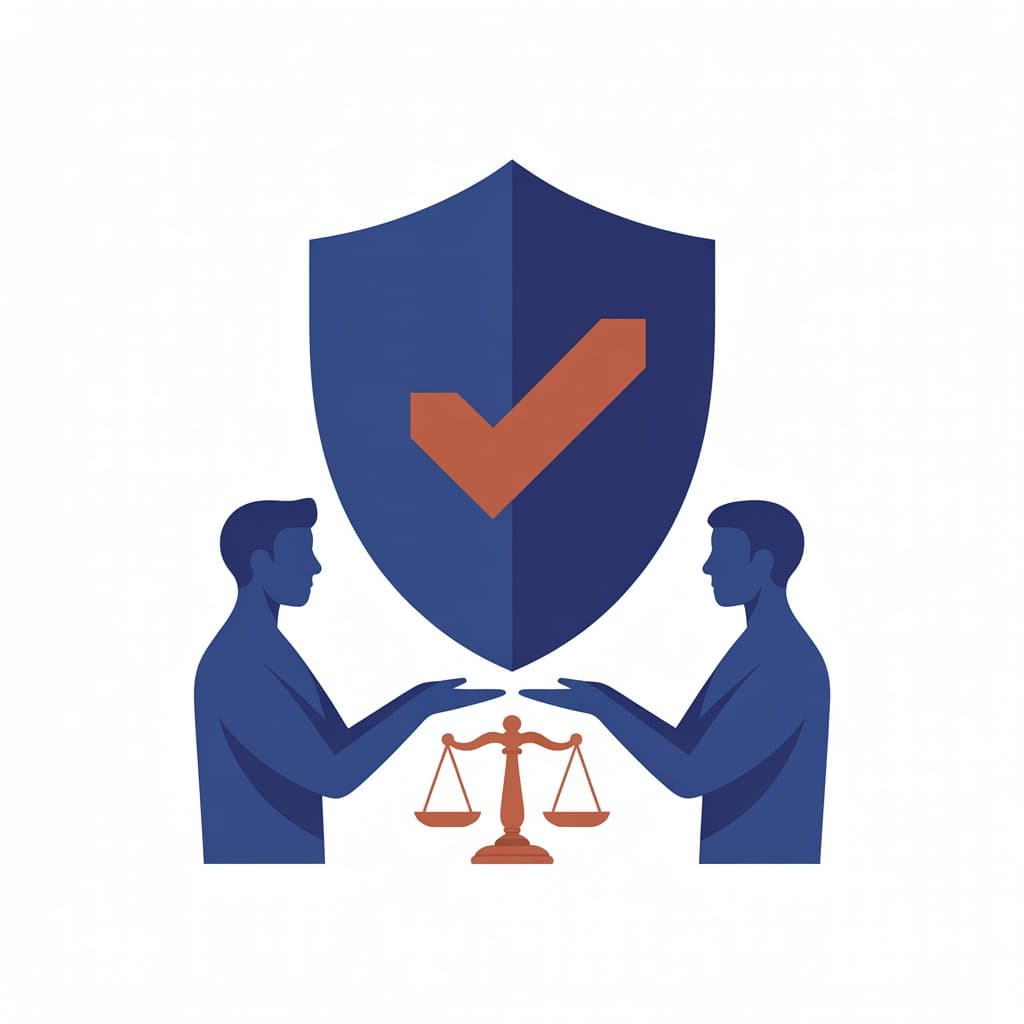 Two people with a shield and scales of justice — both sides protected by escrow