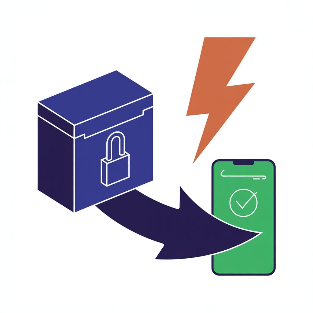 Locked escrow box releasing via lightning bolt to phone with green checkmark — instant payout